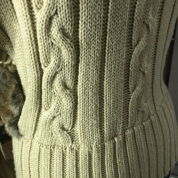 Vintage 90s Y2K Faux Fur vest warm wool brown beige cable knit with hood Sz S - Picture 7 of 12